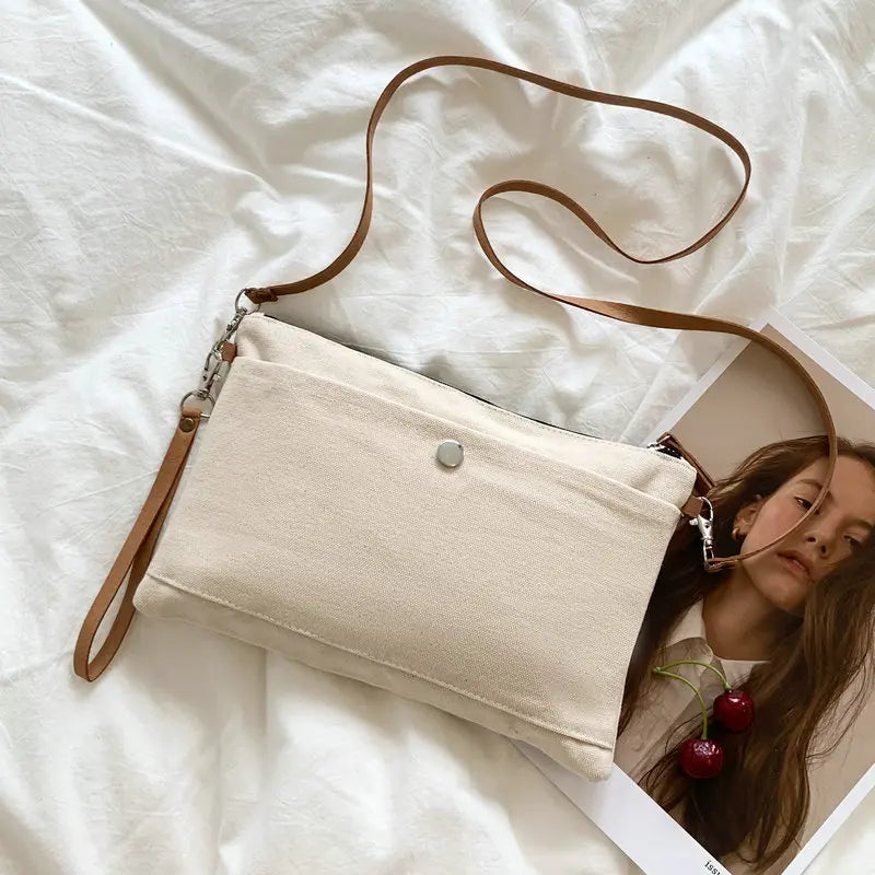 Retro Canvas Shoulder Bag For Women Leather Rope Zipper Crossbody Bag