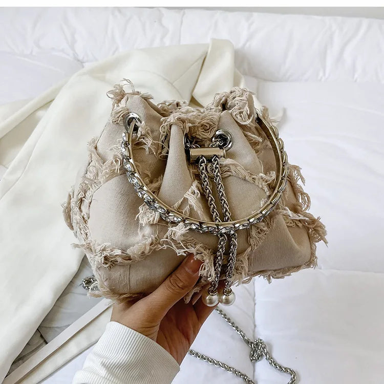 Retro Canvas Tassel Crossbody Bags Personality Ins Ladies Bucket Purses