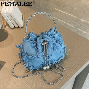 Retro Canvas Tassel Crossbody Bags Personality Ins Ladies Bucket Purses