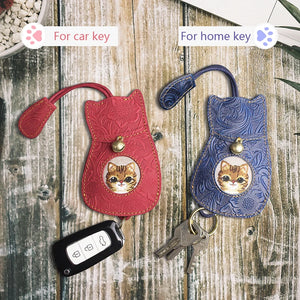 Retro Cat Key Bag Real Leather Holder Case
