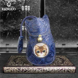 Retro Cat Key Bag Real Leather Holder Case