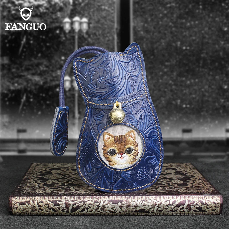 Retro Cat Key Bag Real Leather Holder Case