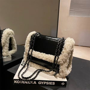 Retro Chain Shoulder Bags Fleece Faux Suede Handbag PU Splicing Vintage Satchel