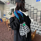 Checkered Pattern Canvas Crossbody Bag with Woven Handle