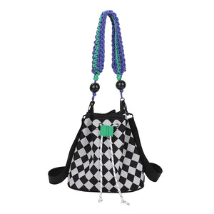 Checkered Pattern Canvas Crossbody Bag with Woven Handle