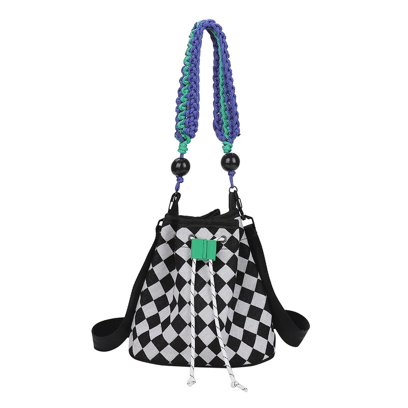 Checkered Pattern Canvas Crossbody Bag with Woven Handle