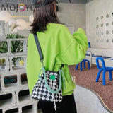 Checkered Pattern Canvas Crossbody Bag with Woven Handle
