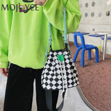 Checkered Pattern Canvas Crossbody Bag with Woven Handle