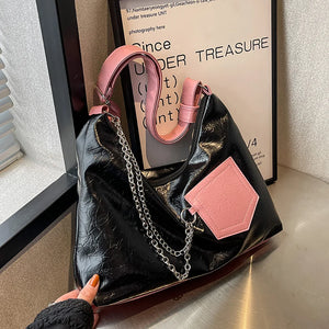 Retro Women Tote Bags Contrast Patchwork Shoulder Bags Large Capacity Chains Dec
