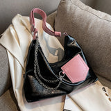 Retro Women Tote Bags Contrast Patchwork Shoulder Bags Large Capacity Chains Dec