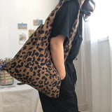 Retro Corduroy Women Shoulder Shopping Bag Leopard Pattern Girls Handbag