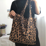 Retro Corduroy Women Shoulder Shopping Bag Leopard Pattern Girls Handbag