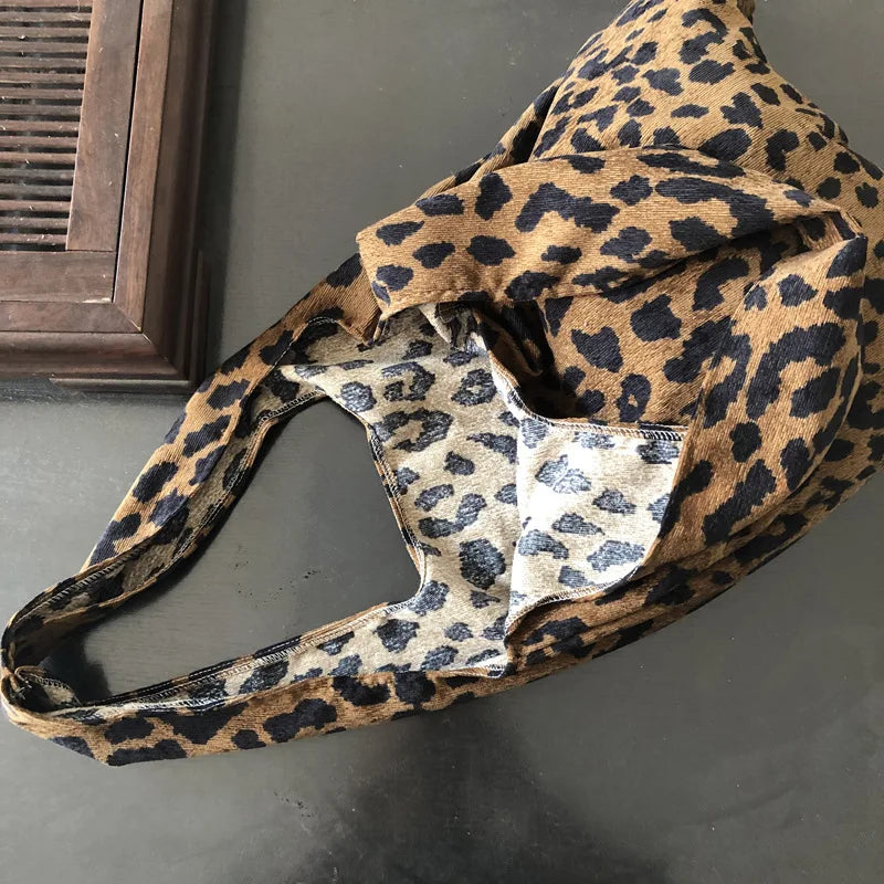 Retro Corduroy Women Shoulder Shopping Bag Leopard Pattern Girls Handbag