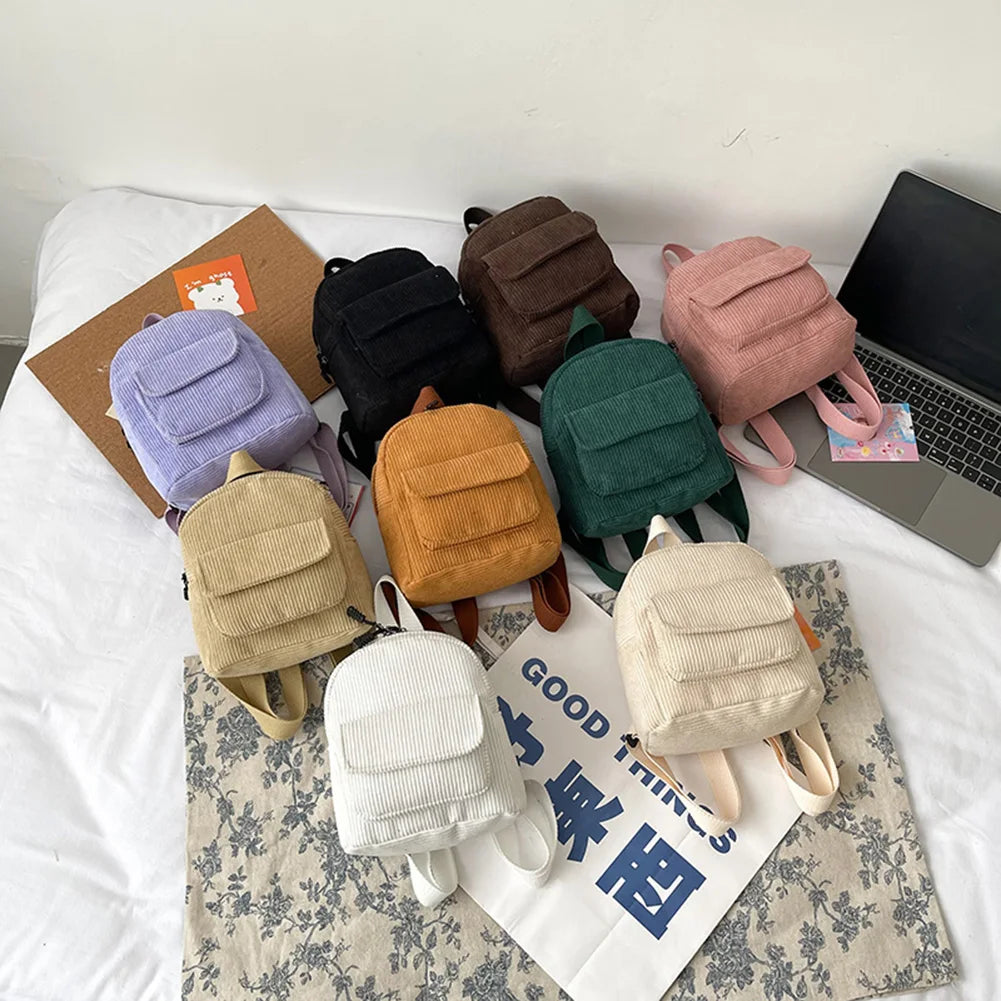 Corduroy Mini Backpack for Women - Small Student Girls Schoolbags
