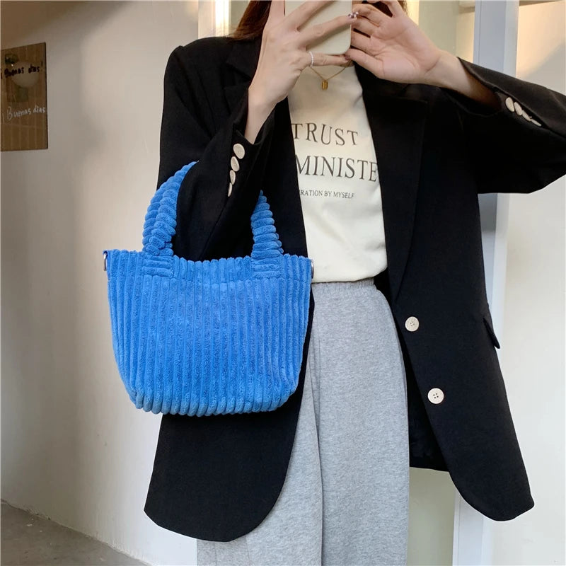 Corduroy Women's Bucket Shoulder Bag Solid Tote Purse Handbags