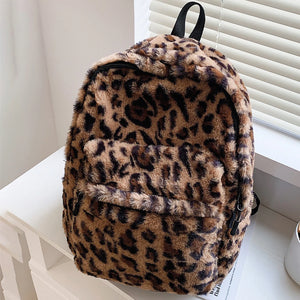 Retro Cow Leopard Printing Women Backpacks Autumn Winter Soft Plush School Bags