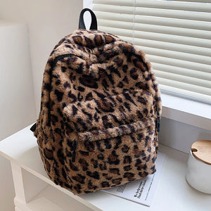 Retro Cow Leopard Printing Women Backpacks Autumn Winter Soft Plush School Bags