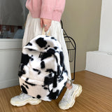 Retro Cow Leopard Printing Women Backpacks Autumn Winter Soft Plush School Bags