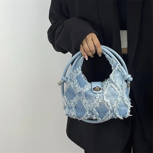 Vintage Denim Women's Shoulder Bag with Tassel