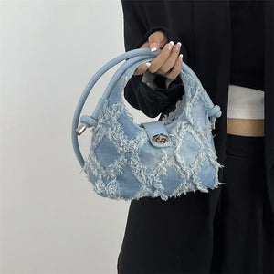 Vintage Denim Women's Shoulder Bag with Tassel