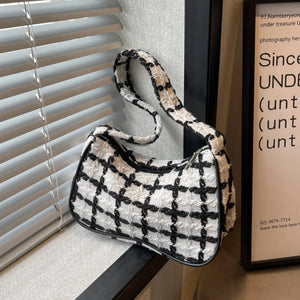 Plaid Ladies Underarm Bag Woolen Knitting Female Zipper Purse Handbags