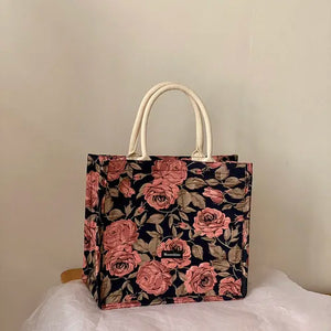 Retro Rose Jacquard Tote Bag Vintage Flower Shopper