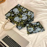 Retro Rose Jacquard Tote Bag Vintage Flower Shopper