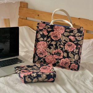 Retro Rose Jacquard Tote Bag Vintage Flower Shopper