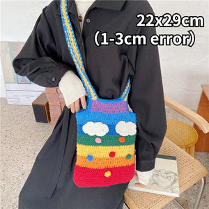 Rainbow Knitting Tote Bag for Women, Retro Style Shopper Purse