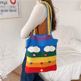 Rainbow Knitting Tote Bag for Women, Retro Style Shopper Purse