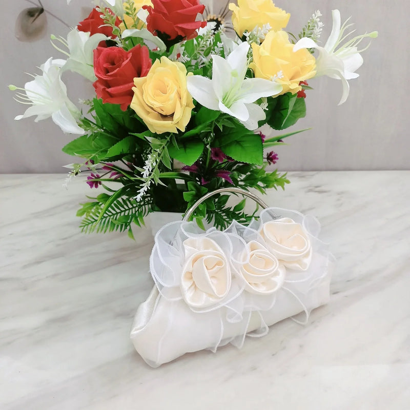 Romantic Rose Flower Decor Beige Handbag Women Wedding Party Silver Shoulder Bag