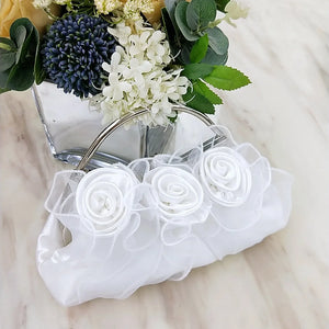 Romantic Rose Flower Decor Beige Handbag Women Wedding Party Silver Shoulder Bag