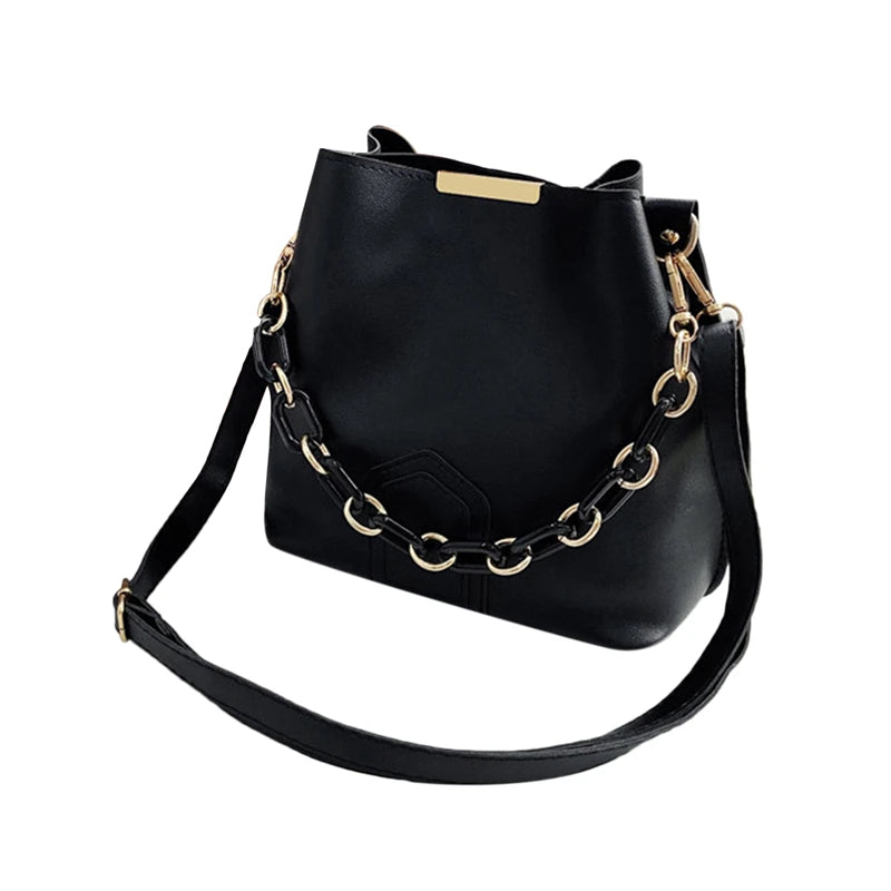 Vintage Chain Tote Bucket Bag Women PU Leather Handbag