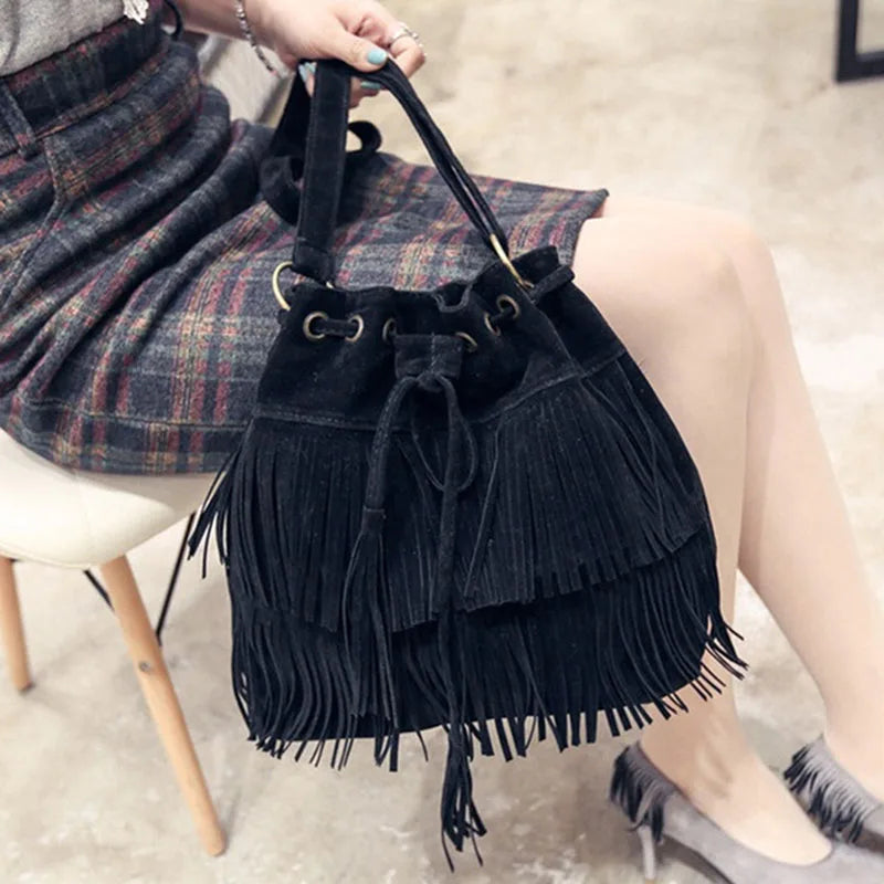 Retro Faux Suede Fringe Women Messenger Bags Tote Handbag