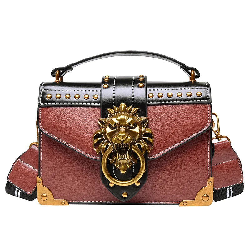Retro Mini Square Tote Handbag Metal Lion Head Shoulder Purse Crossbody Bag