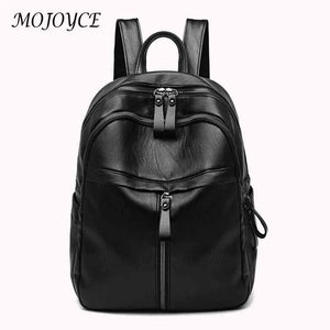 Retro Solid Rucksack Large Zipper Backpack PU Leather School Knapsack