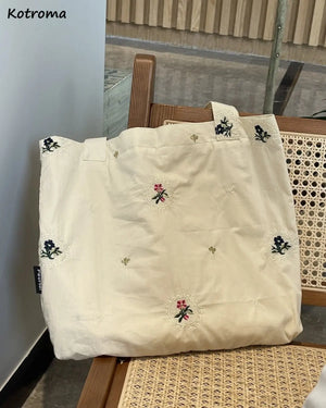 Retro Floral Embroidery Shoulder Bags Large Capacity Canvas Bag