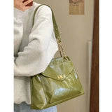 Retro Green Leather Large Capacity Handbag Women Casual Tote Shopper