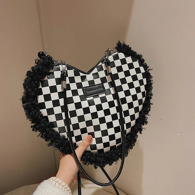 Heart-shaped Shoulder Bag for Women Plush Crossbody Handbag