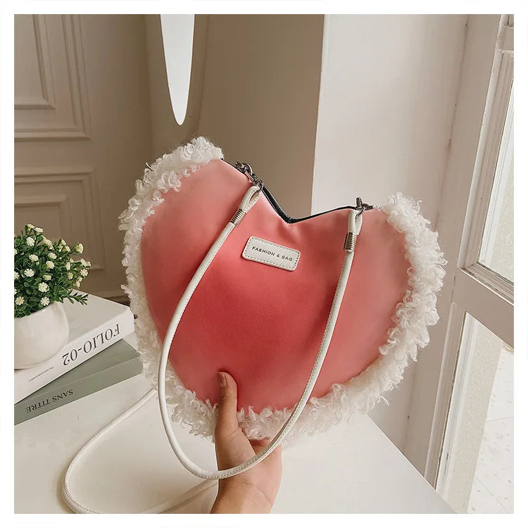 Heart-shaped Shoulder Bag for Women Plush Crossbody Handbag