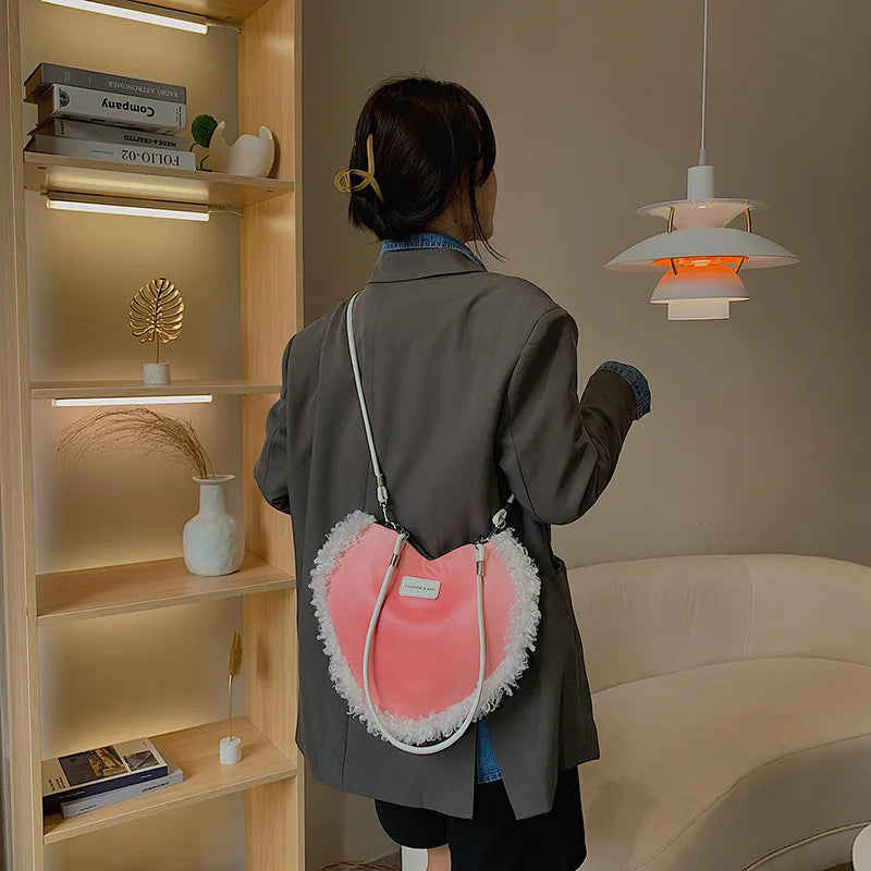 Heart-shaped Shoulder Bag for Women Plush Crossbody Handbag