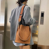Retro High Capacity Bucket Bag Nubuck Leather Shoulder Handbag