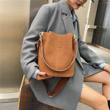 Retro High Capacity Bucket Bag Nubuck Leather Shoulder Handbag