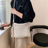 Retro Woven Woolen Crossbody Bag with Tassel Beach Shoulder Handbag