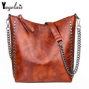 Retro Women Tote Bag Chain Rivet Bead Shoulder Bags Lady Commutin