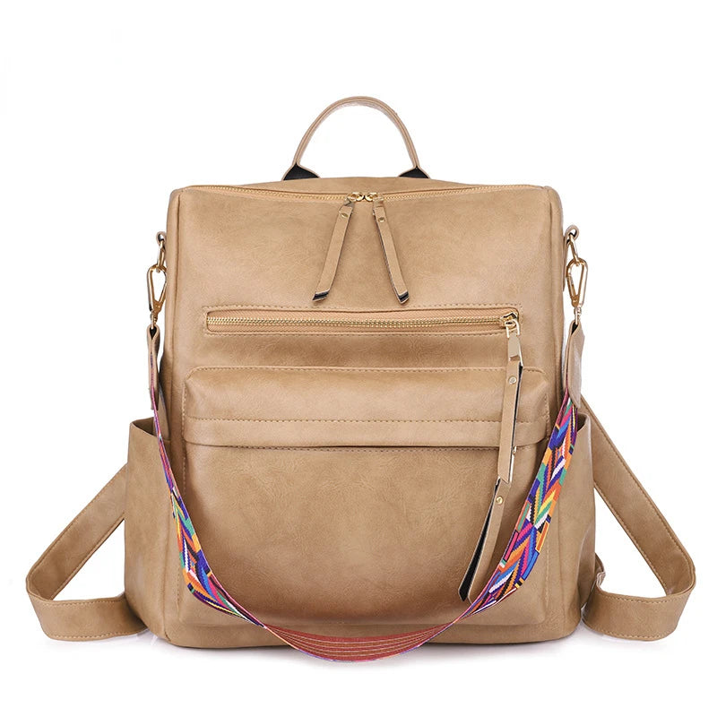 Retro Large Capacity Backpack Women PU Leather Rucksack Shoulder School Bags