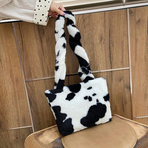Leopard Pattern Crossbody Bag Soft Plush Shoulder Bag Cow Milk Print Handbag