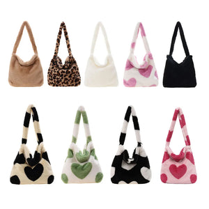 Leopard Print Soft Plush Shoulder Bag Clutch Women Large Capacity Travel Tote