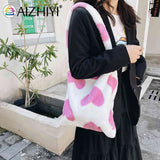 Leopard Print Plush Shoulder Bag Large Capacity Winter Tote