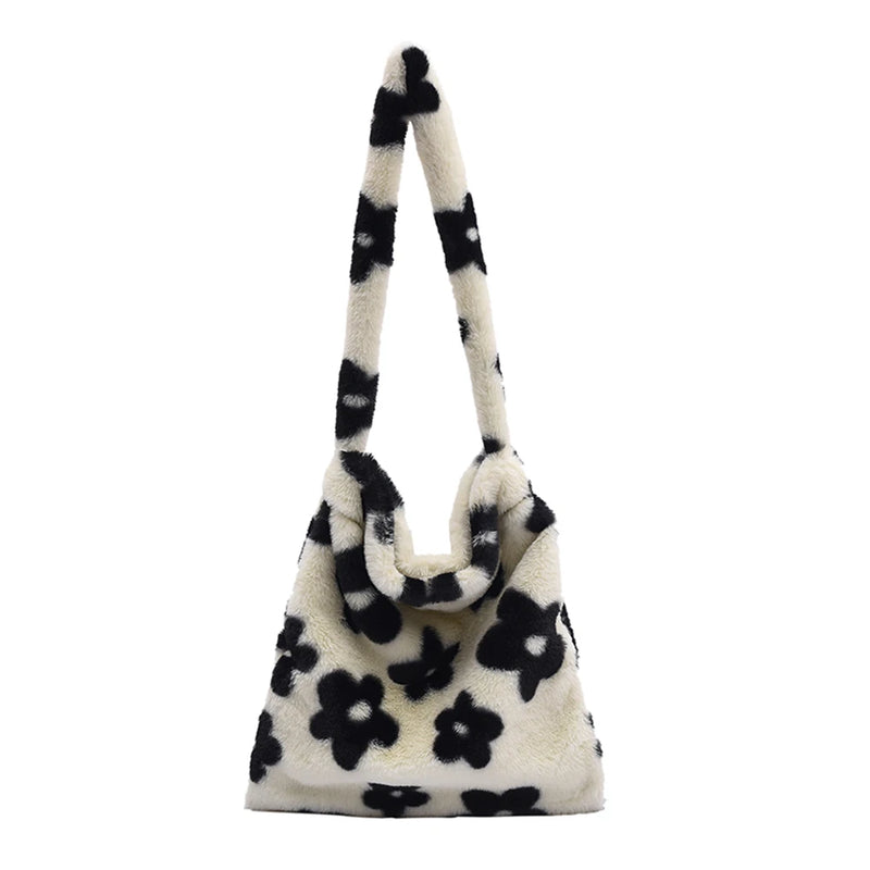 Leopard Print Soft Plush Shoulder Bag Winter Warm Fluffy Tote for Women